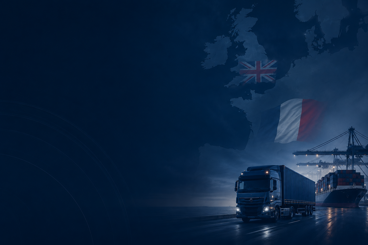 amion de transport et porte-conteneurs illustrant les échanges commerciaux entre la France et le Royaume-Uni dans un contexte de dédouanement post-Brexit.
